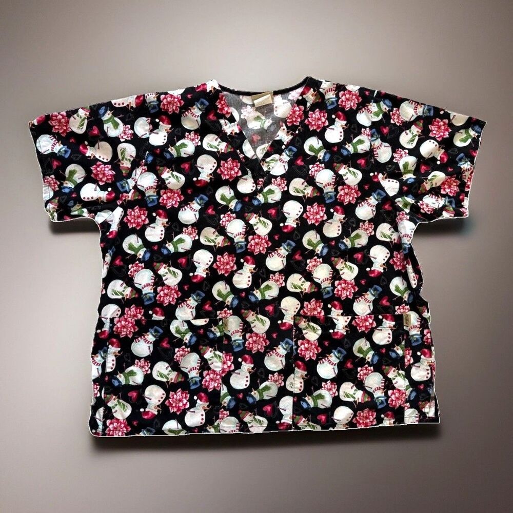 *FLAW* Tafford Scrub Top Womens Plus Size 2XL XXL Short Sleeve Snowman Winter